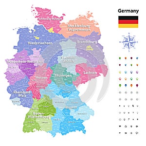 Germany vector map colored by states and administrative districts with subdivisions.