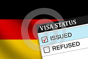 Germany visa issue with red tick in the box, waving flag in the backdrop