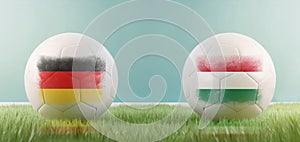 Germany vs Hungary football match infographic template for Euro 2024 matchday scoreline announcement. Two soccer balls with