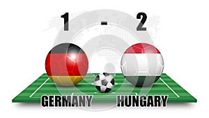 Germany vs Hungary . Soccer ball with national flag pattern on perspective football field . Dotted world map background . Football