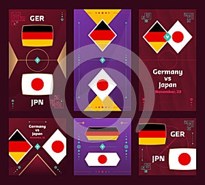 Germany vs Japan Match. World Football 2022 vertical and square banner set for social media. 2022 Football infographic. Group