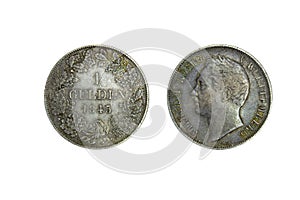 Germany Wurttemberg silver coin 1 gulden 1845, head of William I, denomination, date within oak wreath