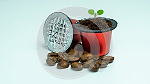 Germinate the plant in a used coffee capsule. Capsules for espresso coffee. BIO-coffee, compostable capsules.