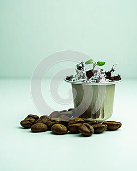Germinate the plant in a used coffee capsule. Capsules for espresso coffee. BIO-coffee, compostable capsules.