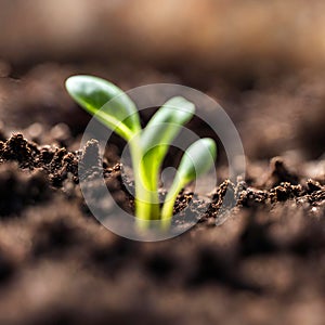 Germinating green plant on earth, blurred background.