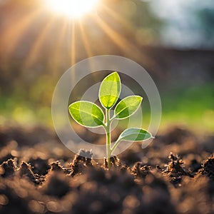 Germinating green plant on earth, blurred background.