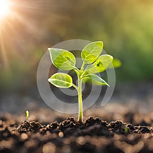 Germinating green plant on earth, blurred background.