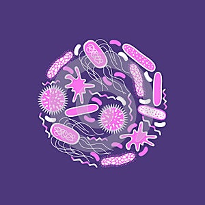 Germs and bacteria icons set isolated on purple background.