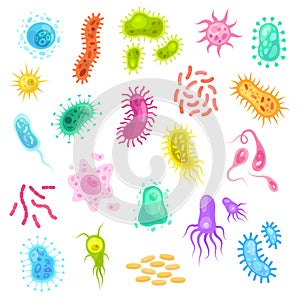 Germs set. Colorful flu virus cells biological microbes amoeba epidemiology bacteria disease germ flu cell science set