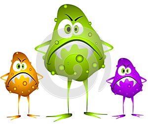Un clip art, fumetto, l'illustrazione di 3 brutto alla ricerca di germi, virus o batteri con il male, alla ricerca di volti e di bolle colorate e urti.
