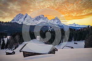 Geroldsee in Southern Bavaria , Germany, during Sunset in Winter 2021