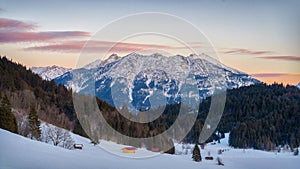 Geroldsee in Southern Bavaria , Germany, during Sunset in Winter 2021