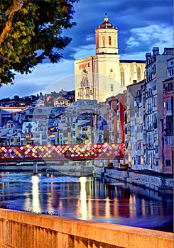 Gerona, Spain, Cathedral and Old-Town by night 2