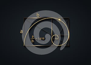 Golden ratio. Fibonacci Sequence number, golden section, divine proportion and shiny gold spiral, geometric spiral photo