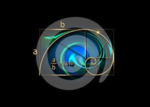 Golden ratio. Fibonacci Sequence number, golden section, divine proportion and shiny gold spiral, geometric spiral logo icon photo