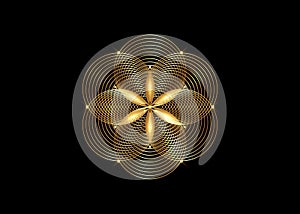 Seed of life symbol Sacred Geometry. Gold Logo icon Geometric mystic mandala of alchemy esoteric Flower of Life. Interlaced black photo