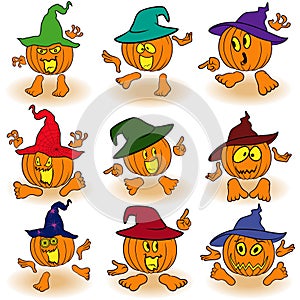 Gesticulating funny pumpkins in hats
