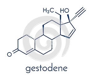 Gestodene progestogen hormonal contraceptive drug molecule. Skeletal formula.