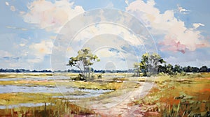 Gestural Modern Abstract Landscape Oil Painting With Winding Path And Cumulus Clouds