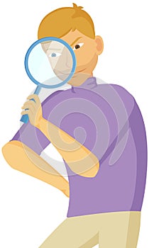 Gesture that boys see magnifying glass. Cunning guy holding loupe, planned something amiss