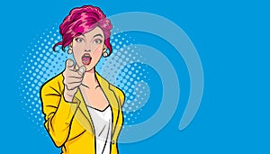 Gesture business woman pointing finger at you comics style