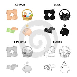 Gesture of charity, a basket of food, a monetary donation, a piggy bank. Charity and donation set collection icons in