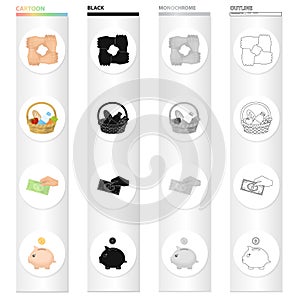 Gesture of charity, a basket of food, a monetary donation, a piggy bank. Charity and donation set collection icons in