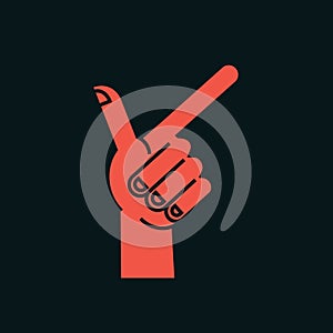 Gesture. Direction sign. Stylized hand with index and thumb fingers up. Icon. Showing course. Vector.