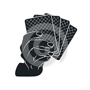 Gesture. Female hand with poker cards. Vector illustration in sketch style isolated on a white background. White lines