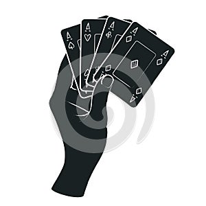 Gesture. Female hand with poker cards. Vector illustration in sketch style isolated on a white background. White lines