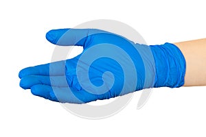 Gesture give help concept. Female doctor hand in blue medical glove isolated at white background. Covid-19 protection
