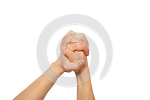 Gesture of hands fastening, handshake isolated on white
