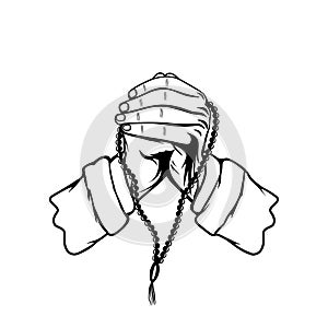 gesture of invoking carrying prayer beads in Islam black and white vector illustration