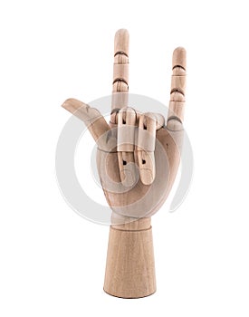 the gesture with a jointed wooden hand