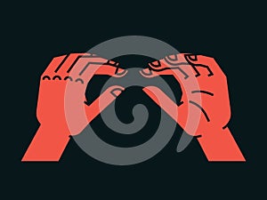 Gesture. Lizard sign. Stylized hand for geek hand game. Icon. Vector illustration on a dark grey background. Orange