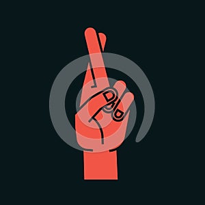 Gesture. Lucky sign. Stylized hand with two fingers crossed. Middle finger in the front. Icon. Vector.