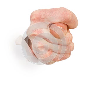 Gesture male hand through white paper