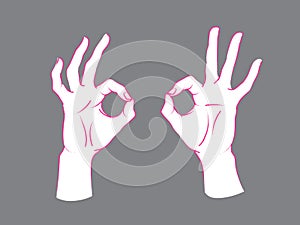 Gesture. Okey sign. Two female hands with index and thumb making circle, other fingers up.