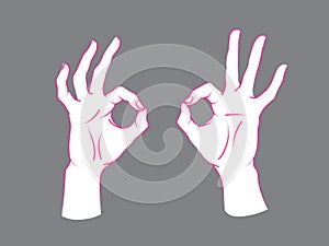 Gesture. Okey sign. Two female hands with index and thumb making circle, other fingers up. photo