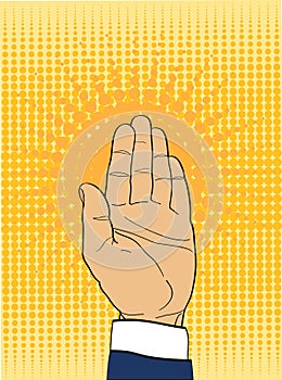 Gesture open palm. Hand gives or receives. Retro style pop art.