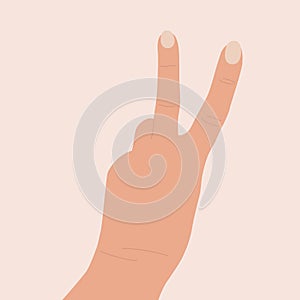 Gesture peace. Hand raised up. Two fingers show the letter v. Back of the hand. Symbol, victory icon. Cartoon vector illustration