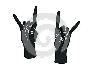 Gesture. Rock sign. Two female hands with index and little finger up in form of horns. Vector.