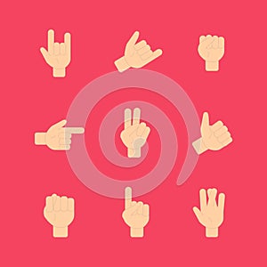 Gesture set wich showing different signs. Vector flat illustration on a red background.