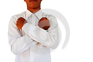 A gesture that shows respect of man To the nation and to God  on white background