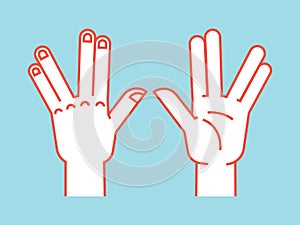 Gesture. Spock sign. Vulcan greet. Stylized hand for geek hand game. Icon. Vector illustration on a blue background