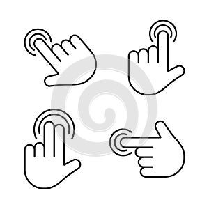 Gesture touch screen icons. Finger click, tap on button. Touchscreen technology. Vector