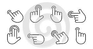 Gesture touch screen icons. Finger click, tap on button. Touchscreen technology. Vector illustration