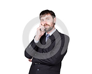 Gestures distrust lies. body language. man in business suit pulls the earlobe. isolated on white background. concept of photo