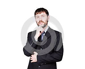Gestures distrust lies. body language. man in business suit, stroking the chin. isolated on white background. concept