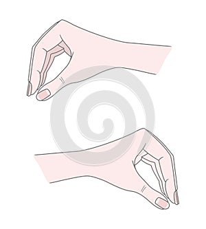 Gestures. Female hand with fingers folded with a pinch. Pinch, sprinkle. Vector illustration